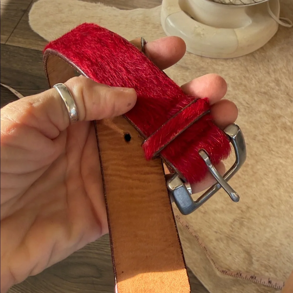 GAP Genuine Leather and fur red Belt silver buckle